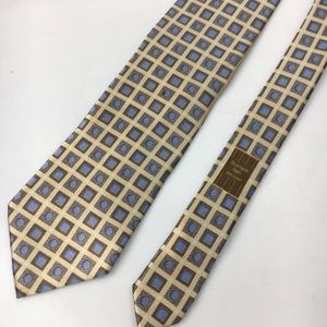 ERMENEGILDO ZEGNA Men 100% Silk Necktie ITALY Luxury Geometric Square Gold Gray